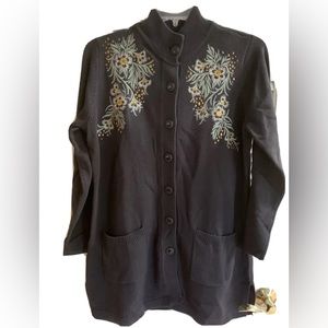 Bob Mackie’s Black Cardigan Sweater Coat Button Front Floral Embroidered Medium